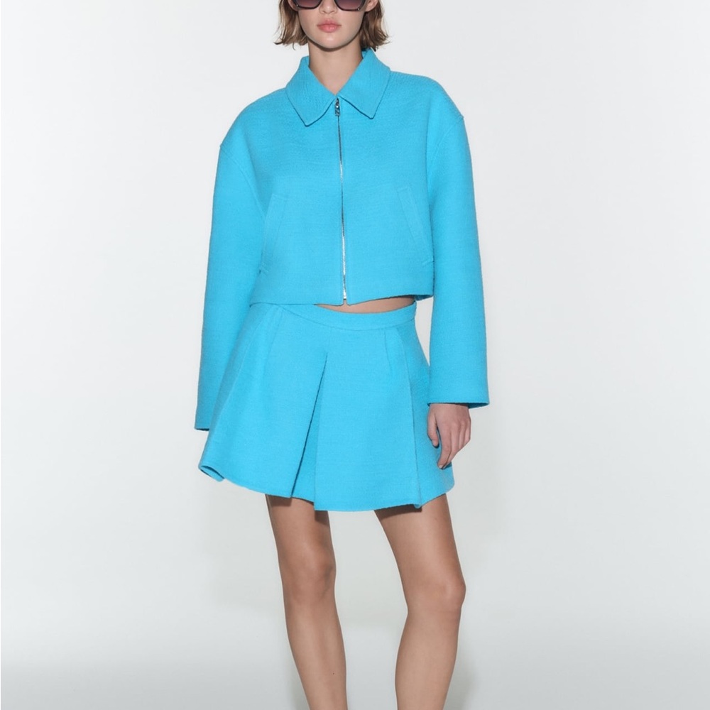 ZARA Beautiful blue crop textured bomber jacket. Never worn, new with tags!